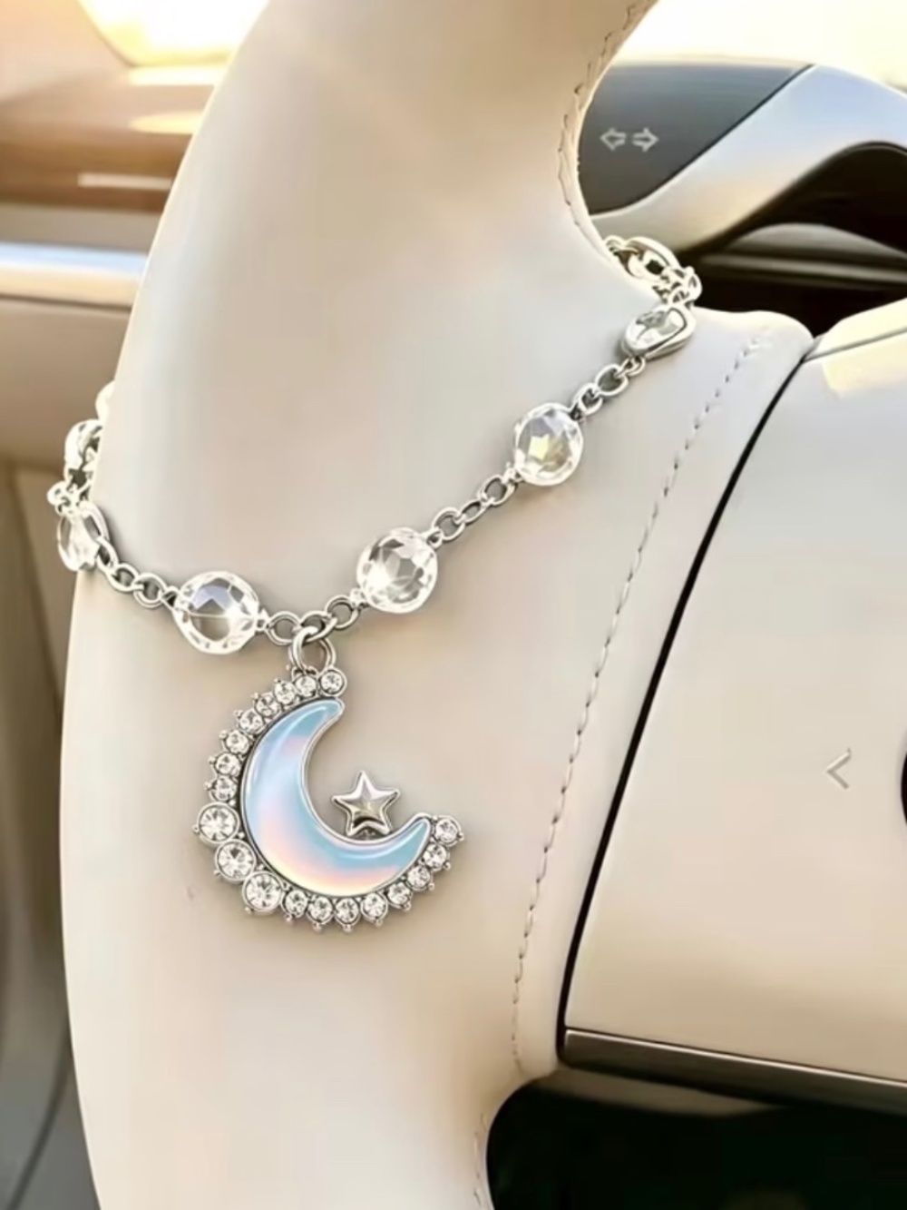 Silver Rhinestone Crescent Moon and Star Car Steering Wheel Charm